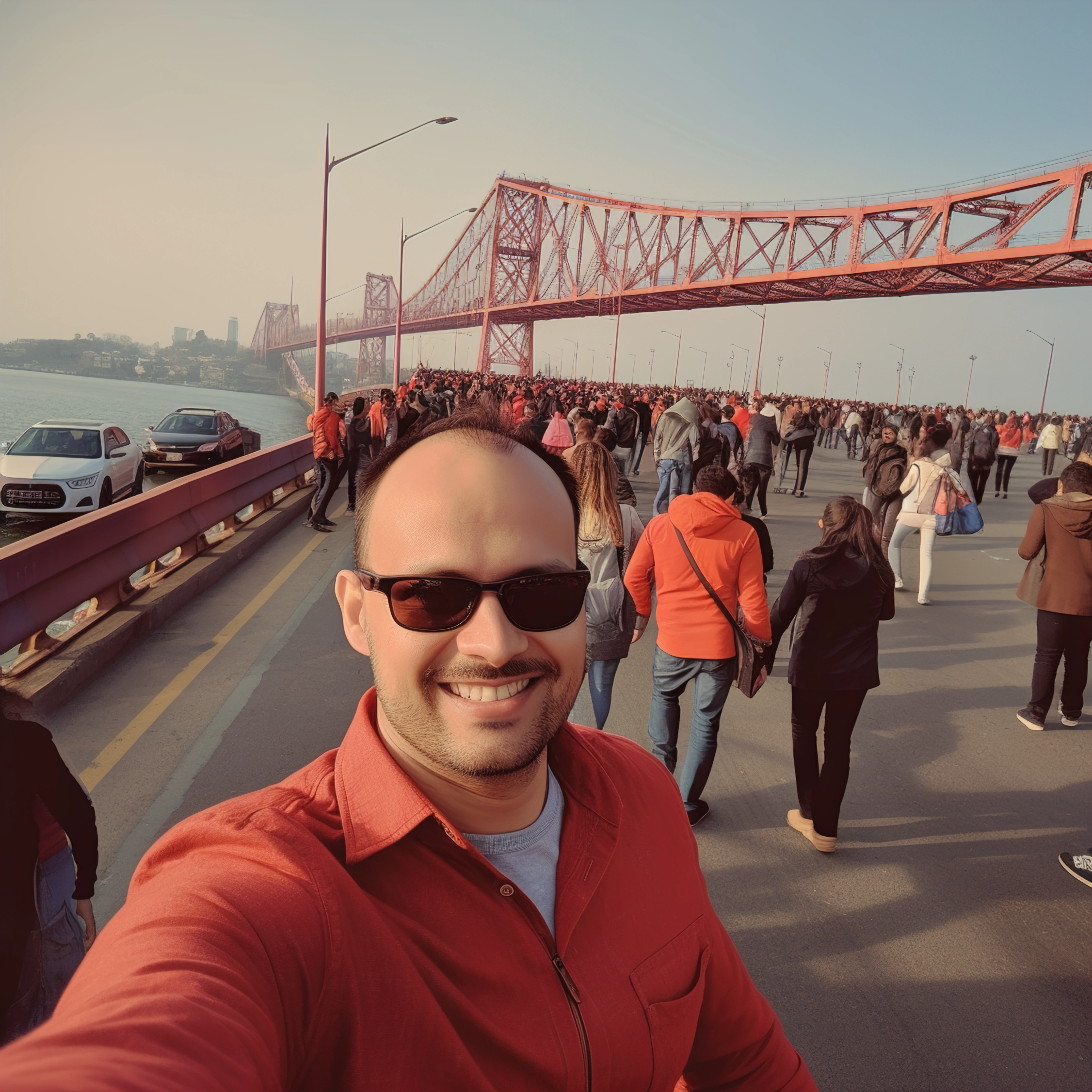 Man selfie bridge crowd background urban scene Safe Demo Dallas