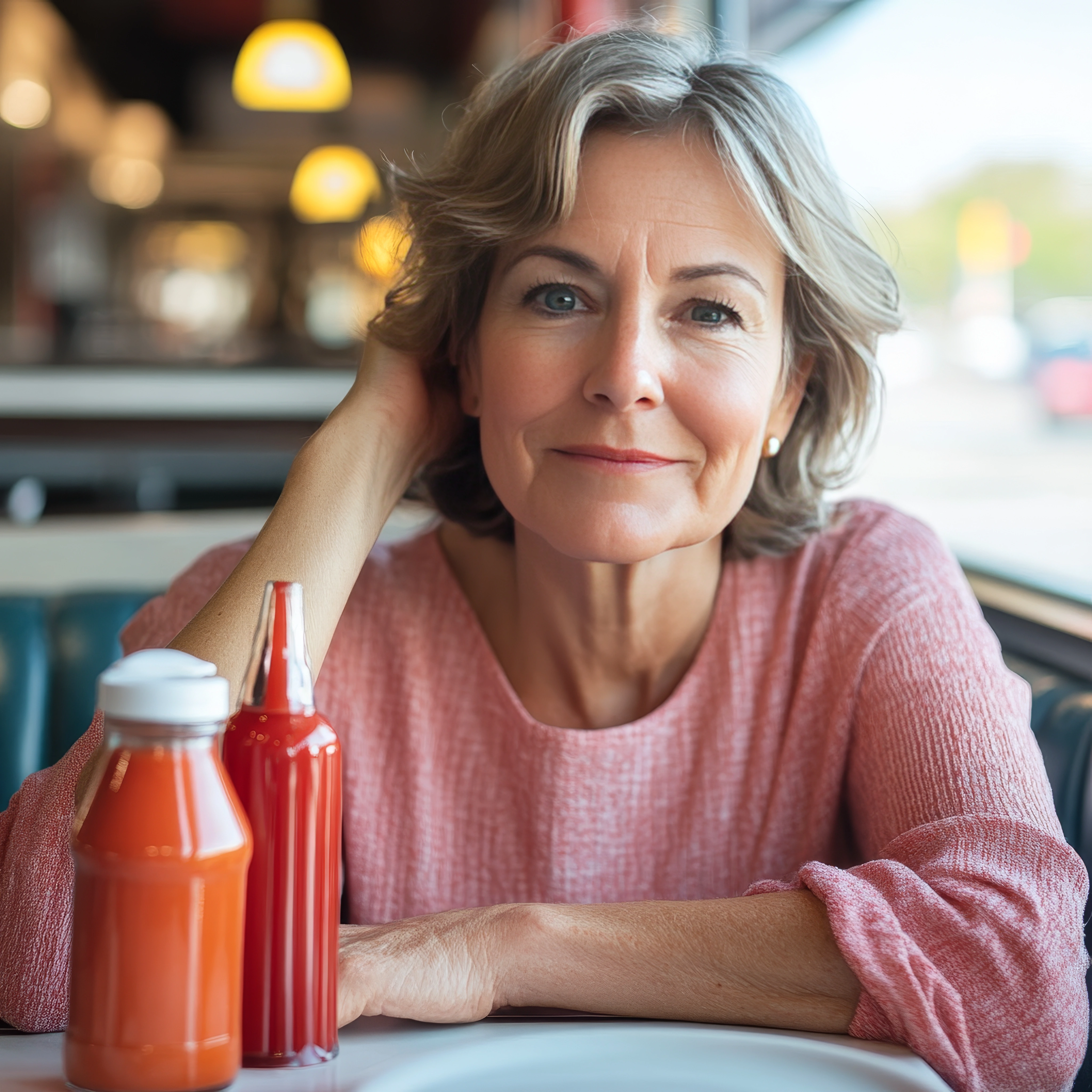 Confident mature woman sitting restaurant portrait Safe Demo Dallas