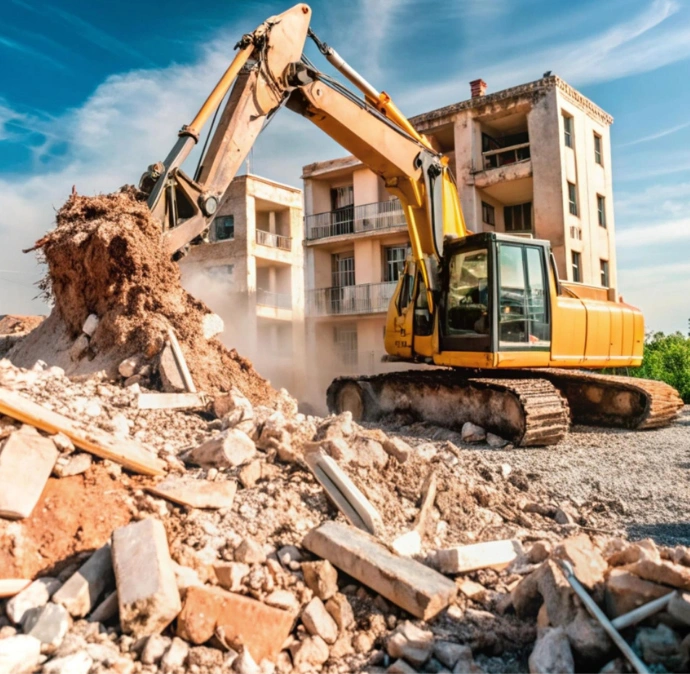 Excavator removing concrete debris from demolished property Safe Demo Dallas demolition services Dallas TX