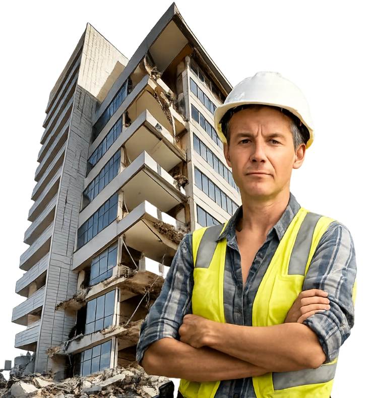 Excavator performing controlled demolition on multi story building Safe Demo Dallas demolition company Dallas