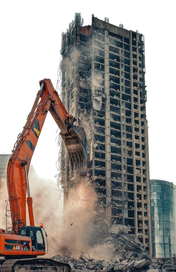 Excavator demolishing high rise building heavy demolition Safe Demo Dallas