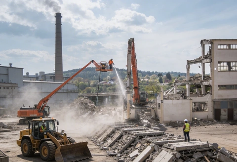 Safe Demo Dallas heavy industrial demolition site with machinery clearing concrete and structural materials