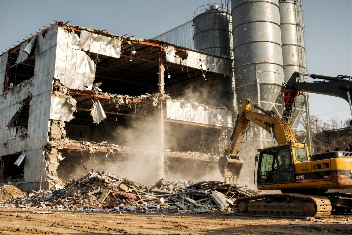 Safe Demo Dallas industrial demolition with excavator tearing down large factory structure and debris removal