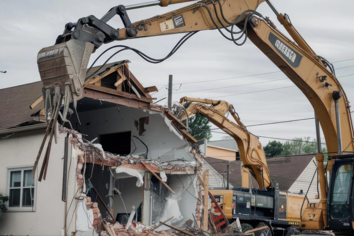 Safe Demo Dallas residential demolition with excavator tearing down house structure safely